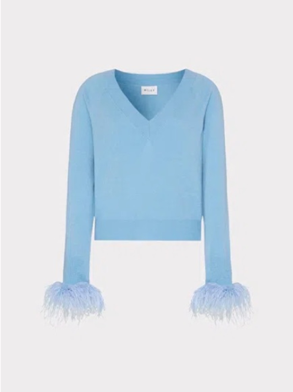 Milly Sky Blue V-Neck Sweater with Feather Cuffs